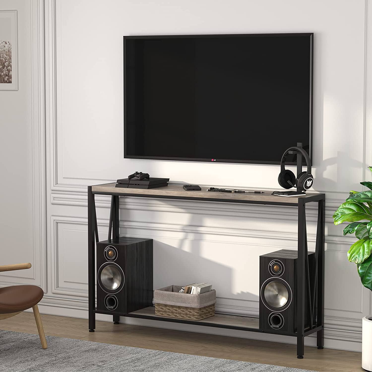 Left. Electrodes Masters - 42.9-Inch Entryway Table with Storage - 2-Tier Console Table with Open Shelf, Gray Finish - Grey.