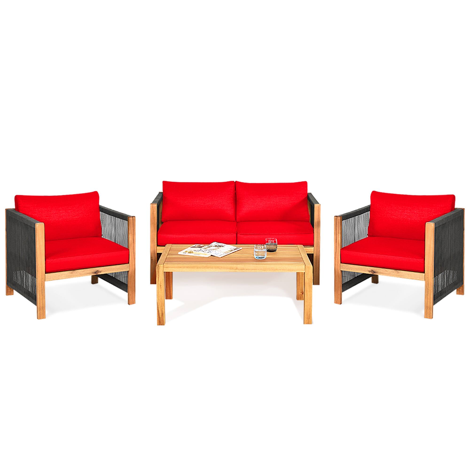 Alt View 4. Gymax - Gymax 4PCS Acacia Wood Outdoor Patio Furniture Conversation Set W/ Red Cushions - Red.