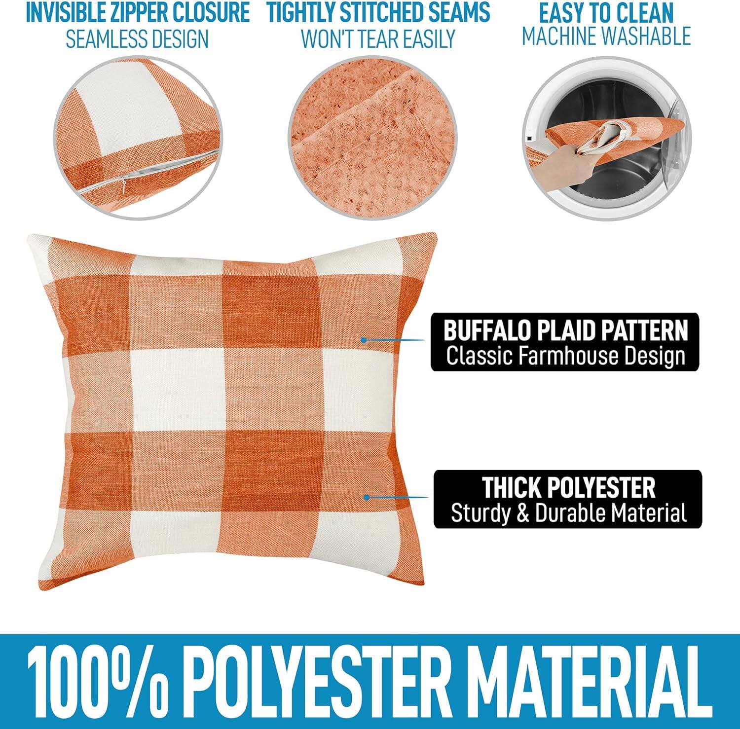 - Invisible Zipper Closure
- Seamless Design
- Tightly Stitched Seams
- Won't Tear Easily
- Easy to Clean
- Machine Washable
- Buffalo Plaid Pattern
- Classic Farmhouse Design
- Thick Polyester
- Sturdy & Durable Material
- 100% Polyester Material