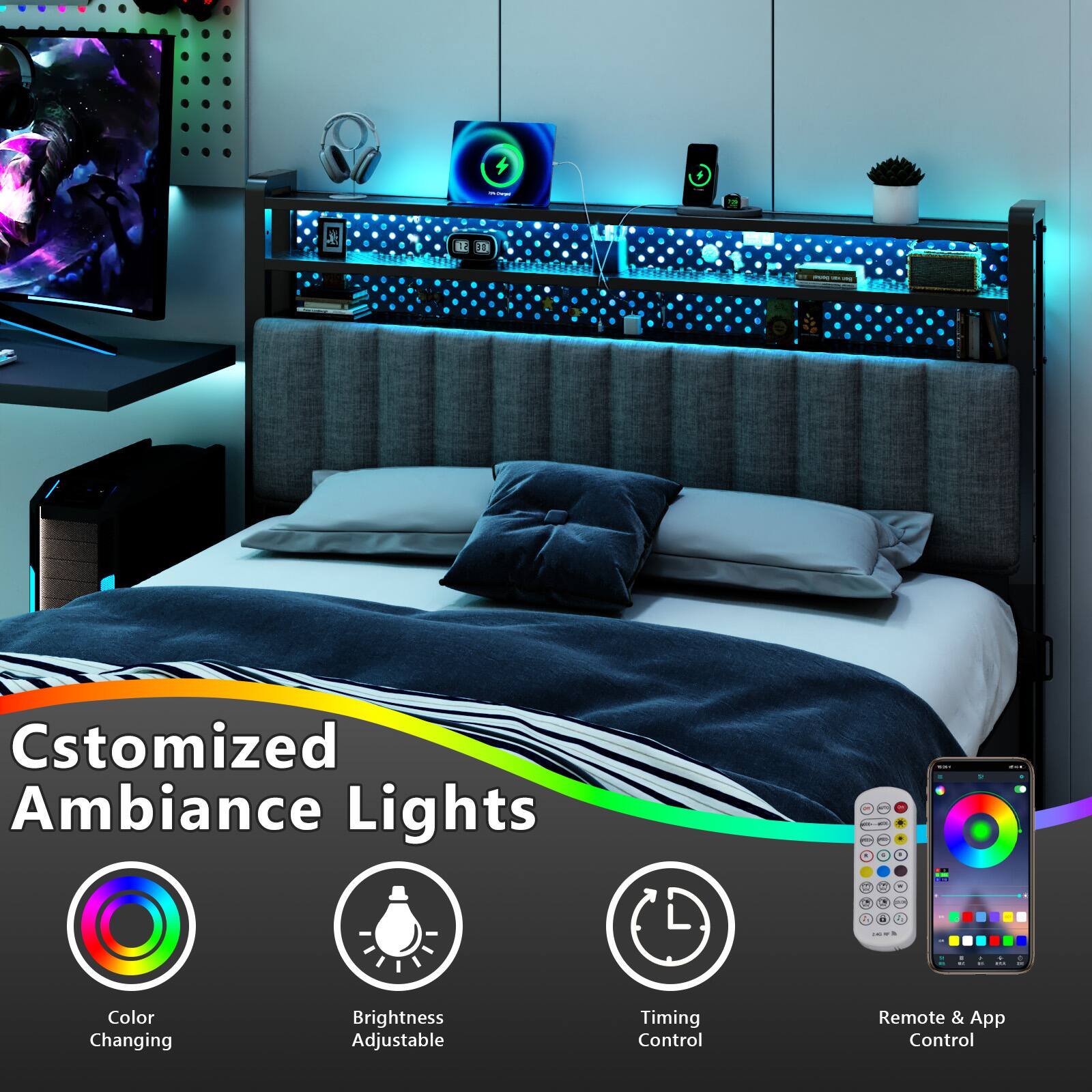 Customized Ambiance Lights

- Color Changing
- Brightness Adjustable
- Timing Control
- Remote & App Control