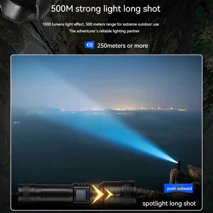 500M strong light long shot  
1000 lumens light effect, 500 meters range for extreme outdoor use  
The adventurer's reliable lighting partner  
250 meters or more  

push outward  
spotlight long shot