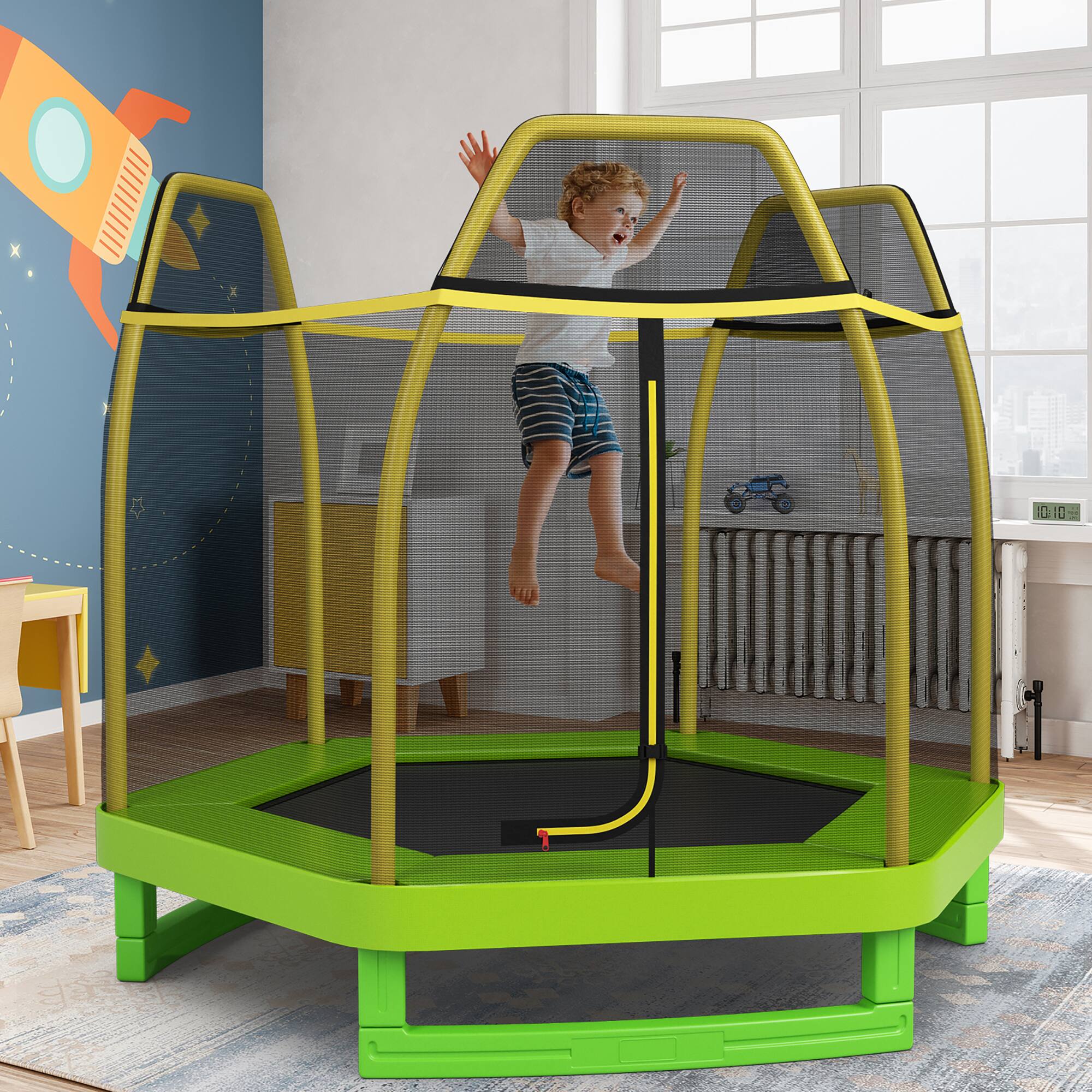 Alt View 3. Costway - Costway 7FT Kids Trampoline Outdoor Indoor Recreational Bounce Jumper - Yellow Pole,Green Mat.