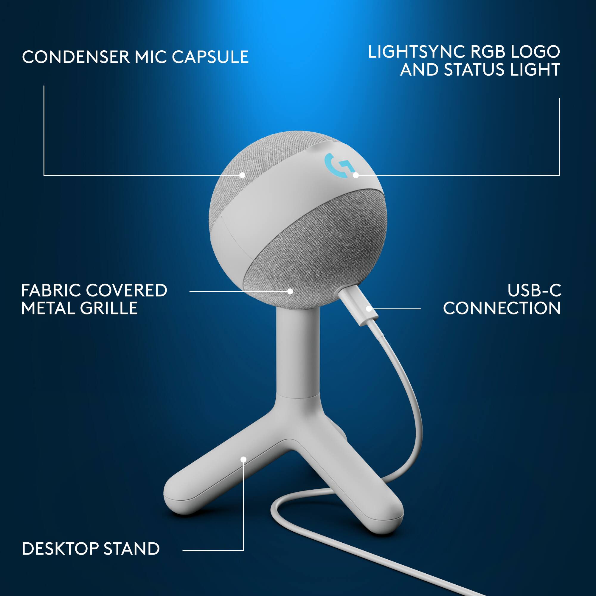 CONDENSER MIC CAPSULE LIGHTSYNC RGB LOGO AND STATUS LIGHT FABRIC COVERED METAL GRILLE USB-C CONNECTION DESKTOP STAND