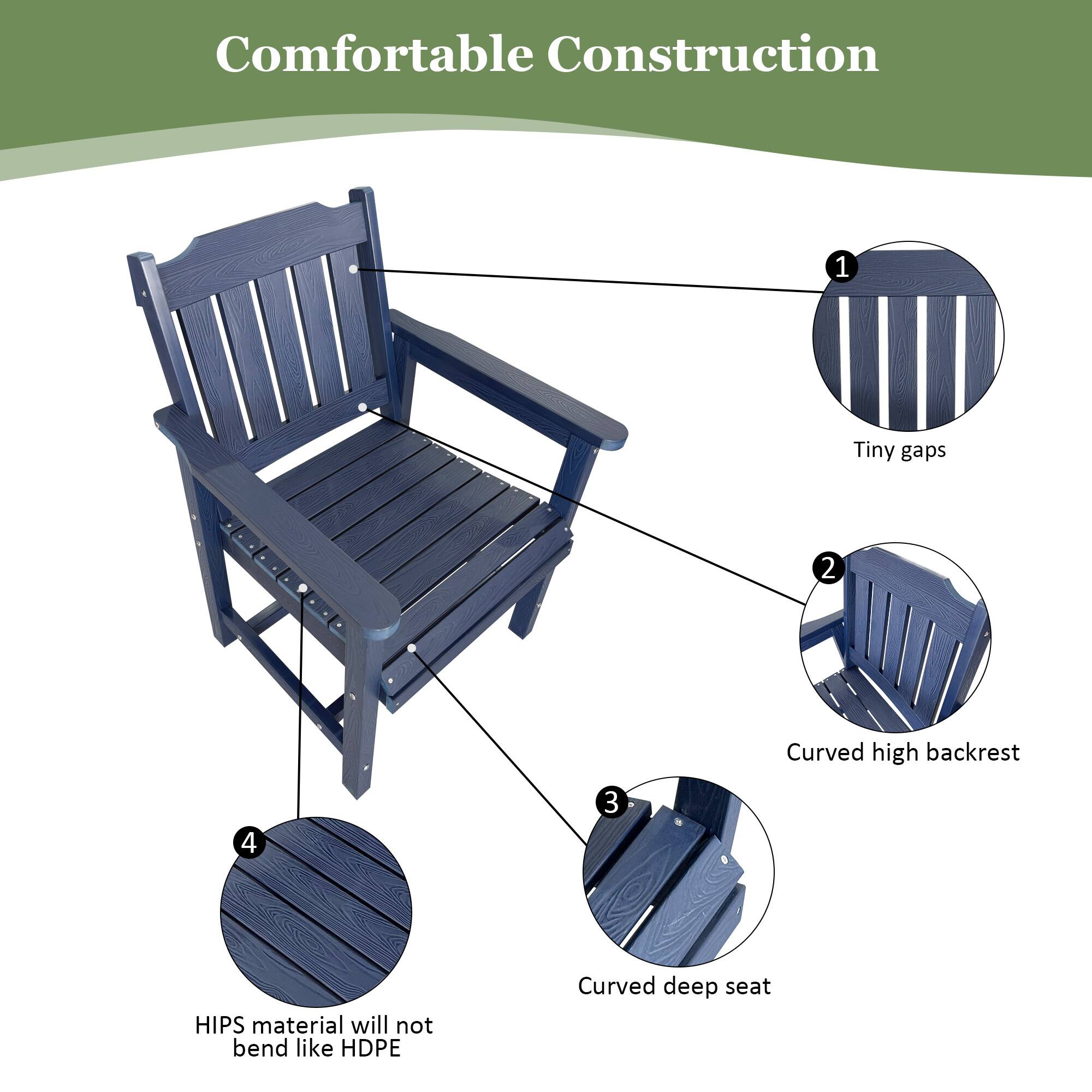 Comfortable Construction

1. Tiny gaps
2. Curved high backrest
3. Curved deep seat
4. HIPS material will not bend like HDPE