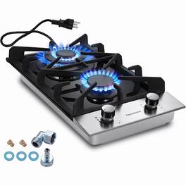 COWLOWN - 12in 2-Burner Gas Cooktop Tempered Glass Built-in Hob Converts Between Natural Gas and Propane - Black