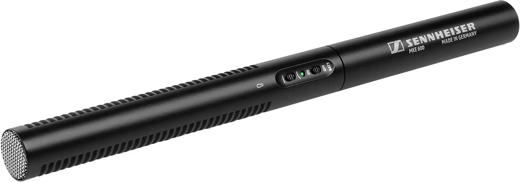 The image shows a Sennheiser microphone, which is a type of audio equipment. The microphone is black and has a long, slender design. It is made in Germany and features a 600 model. The microphone has an on/off switch, allowing users to control its operation.