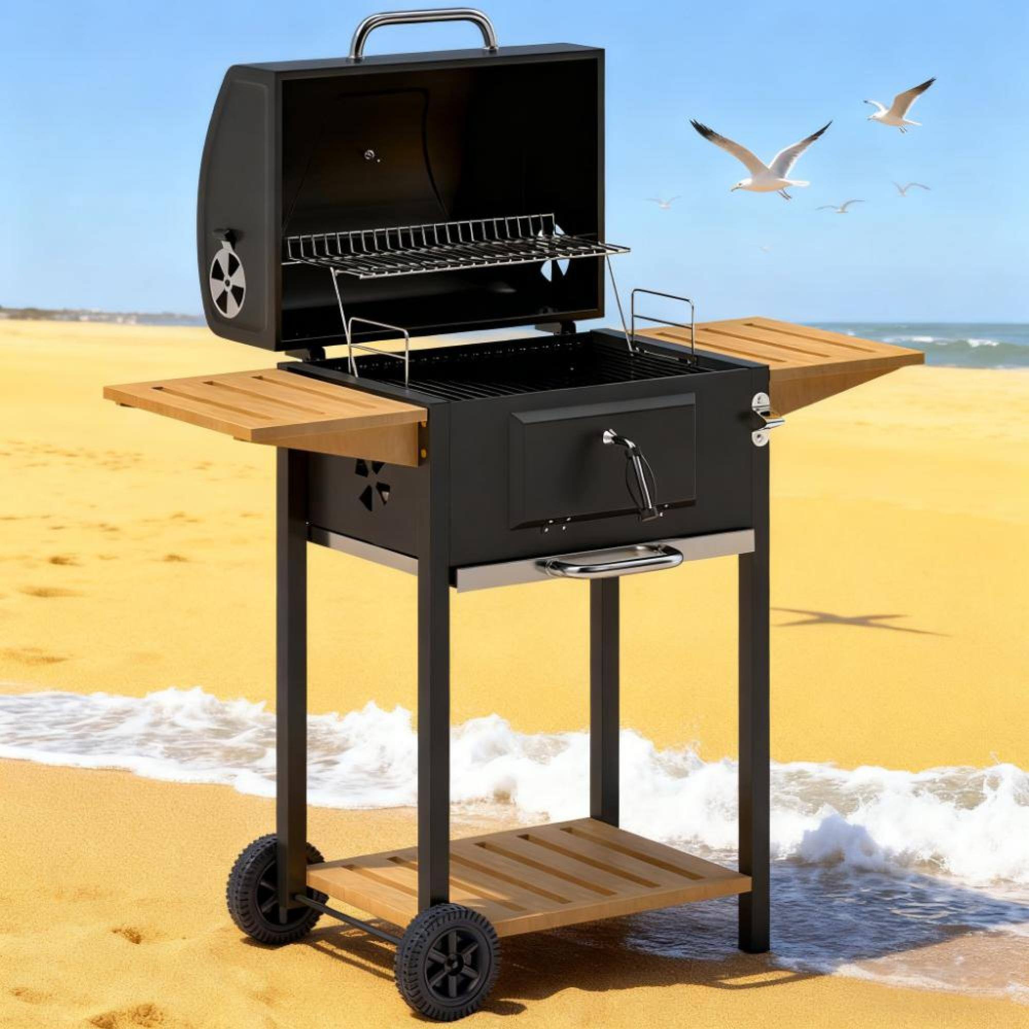 Alt View 3. GOODSILO - Premium Charcoal BBQ Grill with Adjustable Heat Control and Convenient Storage Shelves - Black.
