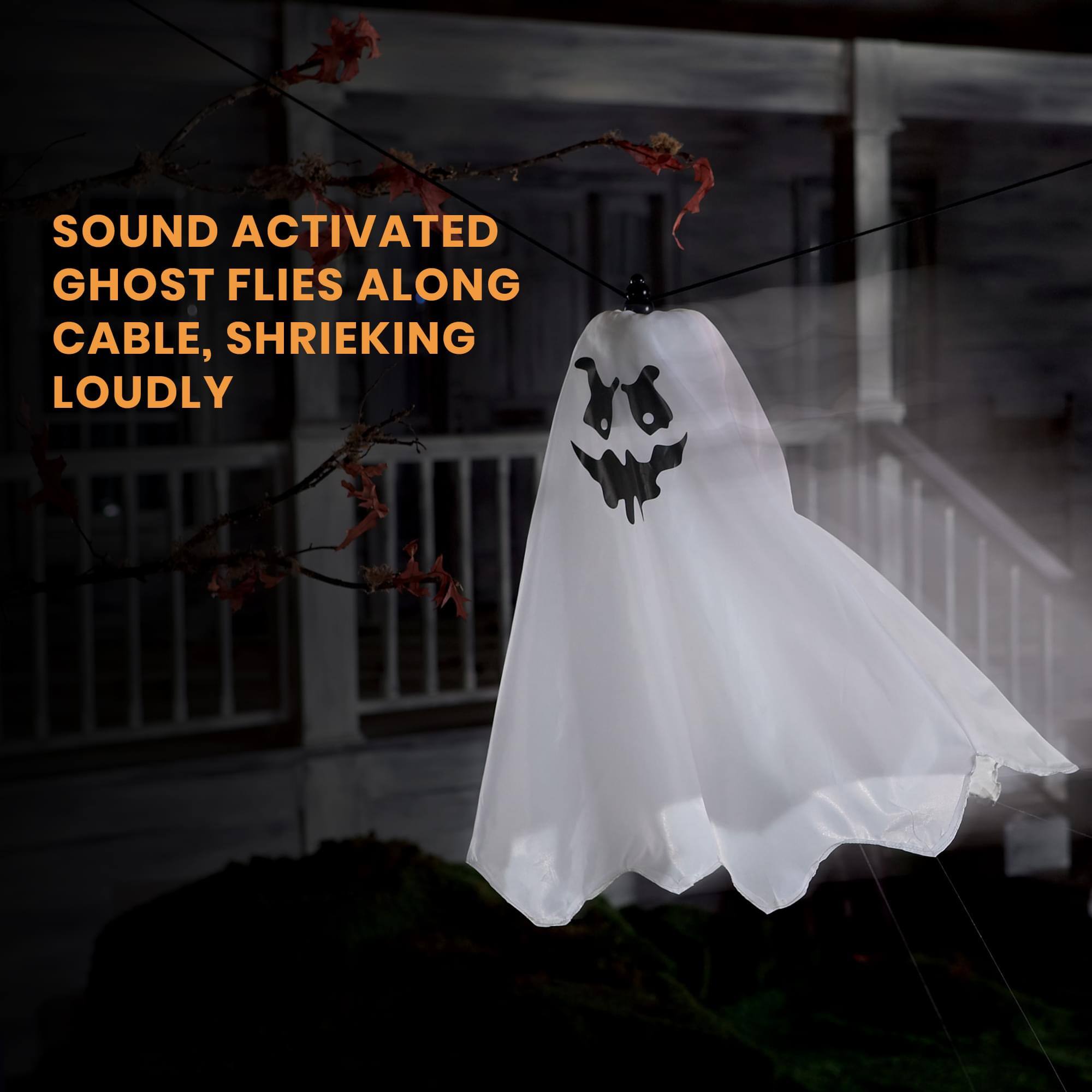 SOUND ACTIVATED GHOST FLIES ALONG CABLE, SHRIEKING LOUDLY