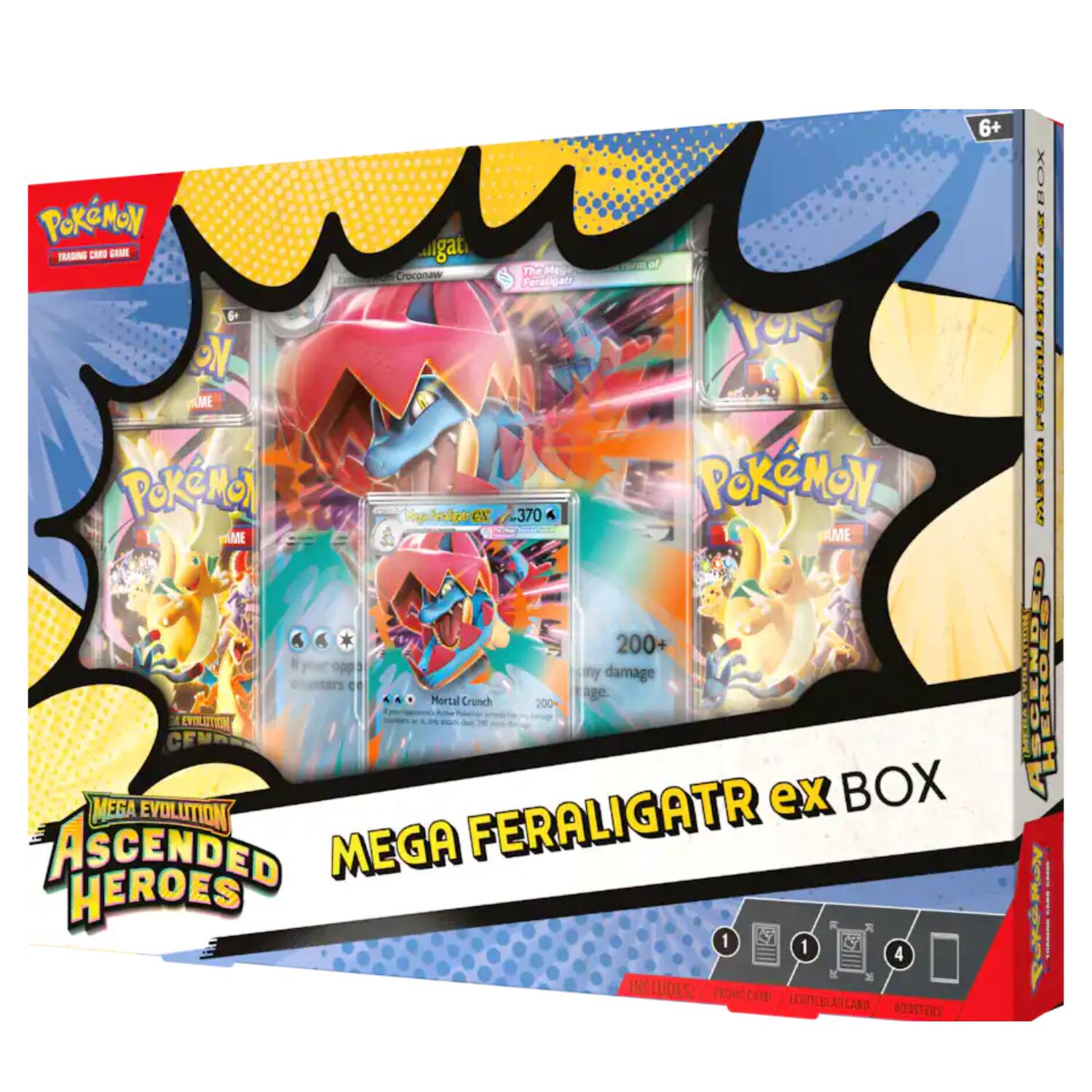 6+ Pokémon Trading Card Game  
Mega Evolution Ascended Heroes  
Mega Feraligatr ex Box  
Includes:  
- 1 Promocard  
- 1 Luxury Card  
- 4 Boosters  

Croconaw  
The Feratigan  
YON  
ON ME  
Pokerol  
POKCMON  
Hapl  
PedC  
ex 370  
AME ME A 200+  
my damage  
Mortal age.  
Crunch 200  
1 EYIESTEN  
CE  
Mega ex  
BOX  
ASCENDED EVOLUTION  
Mega Feraligatr  
Heroes 1 1 4  

- ELLNSPRINA  
- GSX  
- PUUEN  
- HEROES