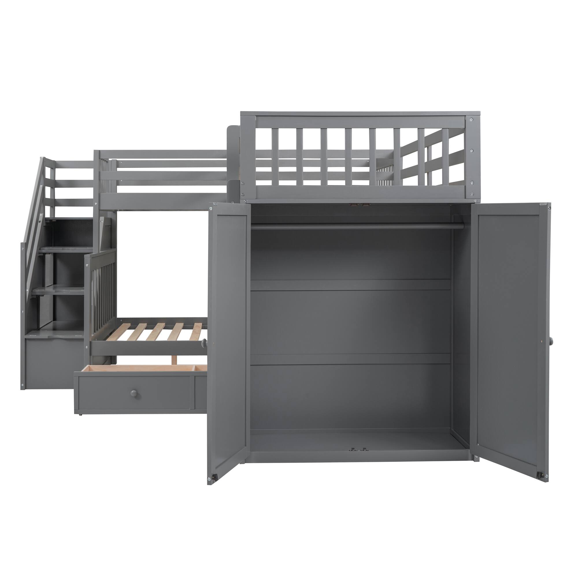 Alt View 4. Tiramisubest - Twin-Twin Full L-Shaped Bunk Bed with 3 Drawers, Desk & Wardrobe, Gray - Gray.