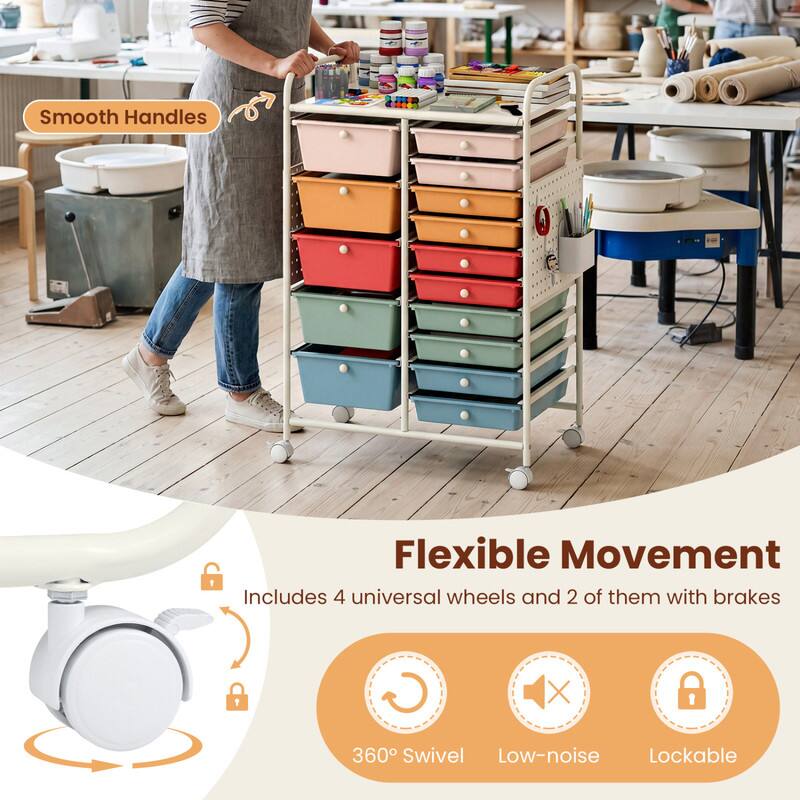 Smooth Handles  
Flexible Movement  
Includes 4 universal wheels and 2 of them with brakes  
360° Swivel  
Low-noise  
Lockable