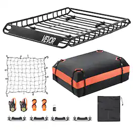 VEVOR - Roof Rack Basket,51 x 36 x 4.1 in, Universal Rooftop Cargo Carrier with 1120 x 870 x 260 mm Cargo Bag,Net,Ratchet Straps - Black