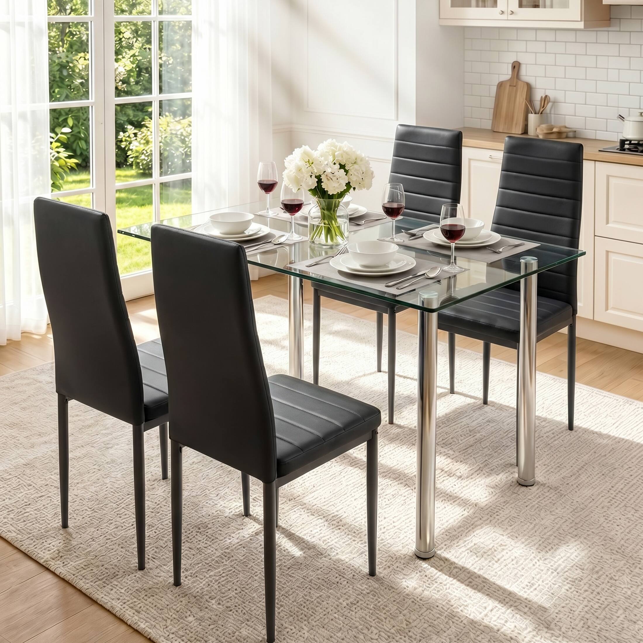 Alt View 6. paproos - Dining Table Set for 4, Modern Kitchen Table Sets with Tempered Glass Dining Table and PU Leather Chairs for Small Space - Black.