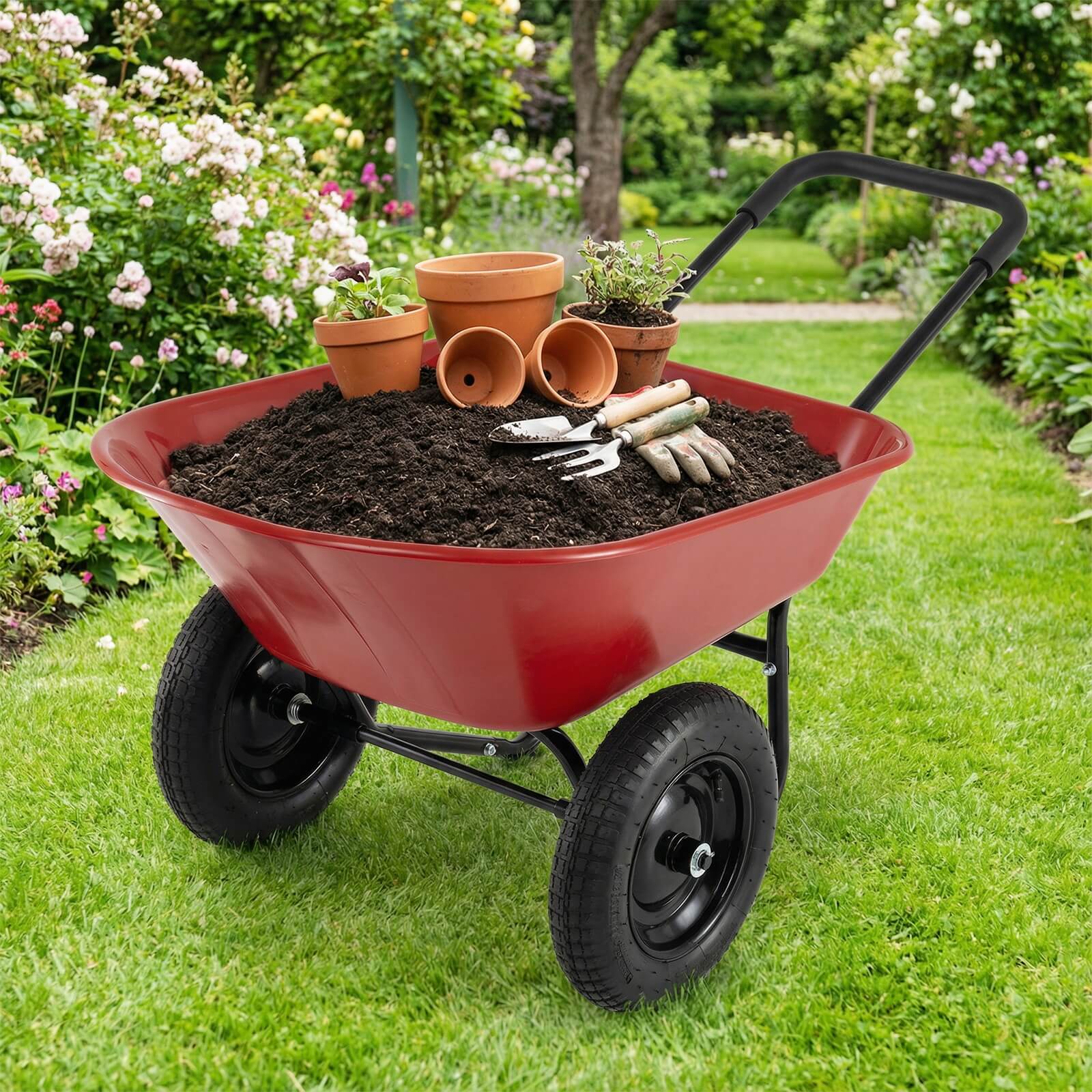Alt View 1. Costway - Costway 2 Tire Wheelbarrow Garden Cart Heavy-duty Dolly Utility Cart - Red.