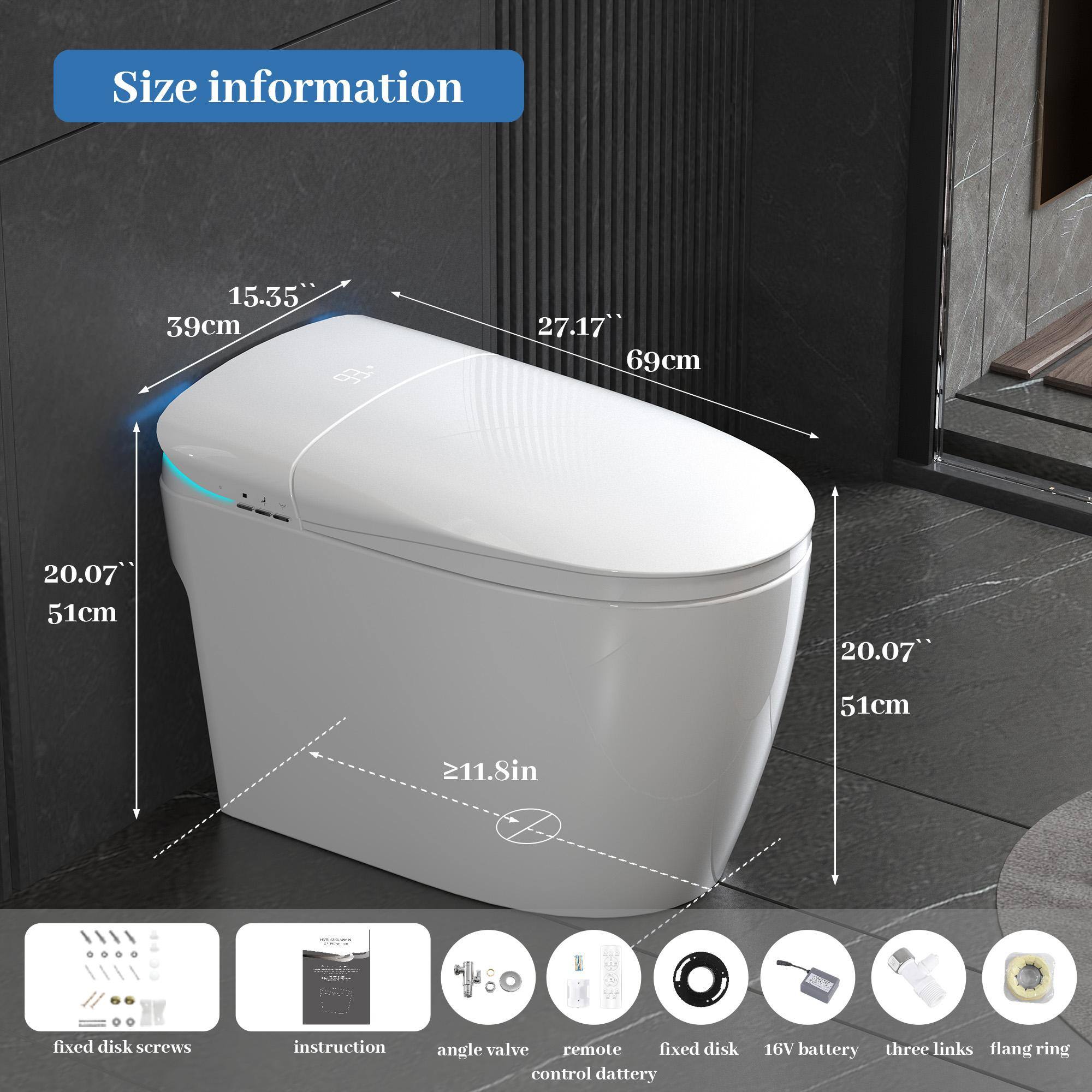 Size information

- 15.35" / 39cm
- 27.17" / 69cm
- 20.07" / 51cm
- 20.07" / 51cm
- ≥11.8in

Components:
- fixed disk screws
- instruction
- angle valve
- remote control battery
- fixed disk
- 16V battery
- three links
- flang ring