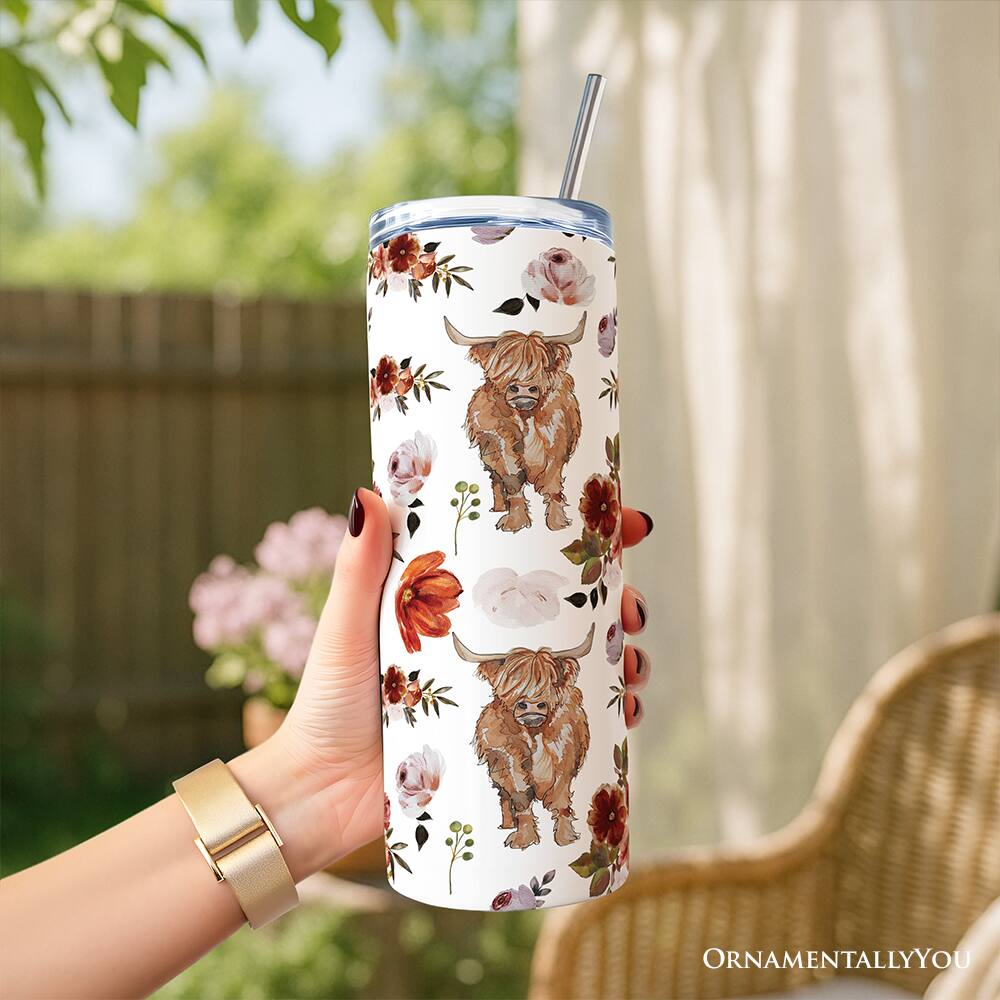 Left. OrnamentallyYou - Highland Cow Floral 20oz Tumbler With Stainless Steel Straw, Chic Western Farmhouse Gift Cup - Multicolored.