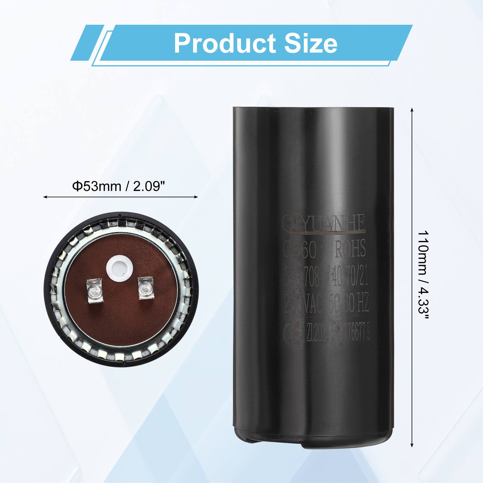 Product Size: 53mm / 2.09"  
OYUANHE 0060 ROHS  
708 40170/21  
2. AVAO 6000 HZ G  
7.20 A  
766T7  
C: 4.33"