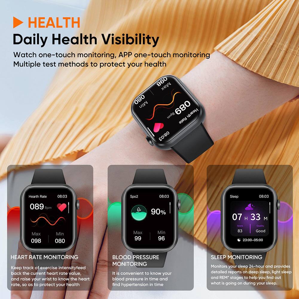 HEALTH  
Daily Health Visibility  
Watch one-touch monitoring, APP one-touch monitoring  
Multiple test methods to protect your health  

HEART RATE MONITORING  
Keep track of exercise intensity, feed back the current heart rate value, and raise your wrist to know the heart rate, so as to protect your health  

BLOOD PRESSURE MONITORING  
It is convenient to know your blood pressure in time and find hypertension in time  

SLEEP MONITORING  
Monitors your sleep 24-hour and provides detailed reports on deep sleep, light sleep and REM* stages to help you find out what is going on during your sleep.