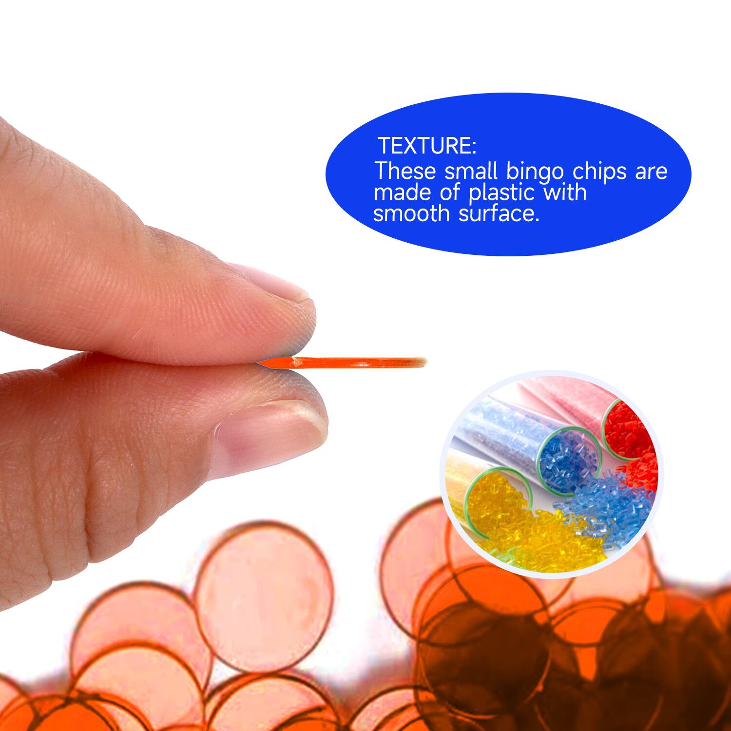 TEXTURE: These small bingo chips are made of plastic with smooth surface.