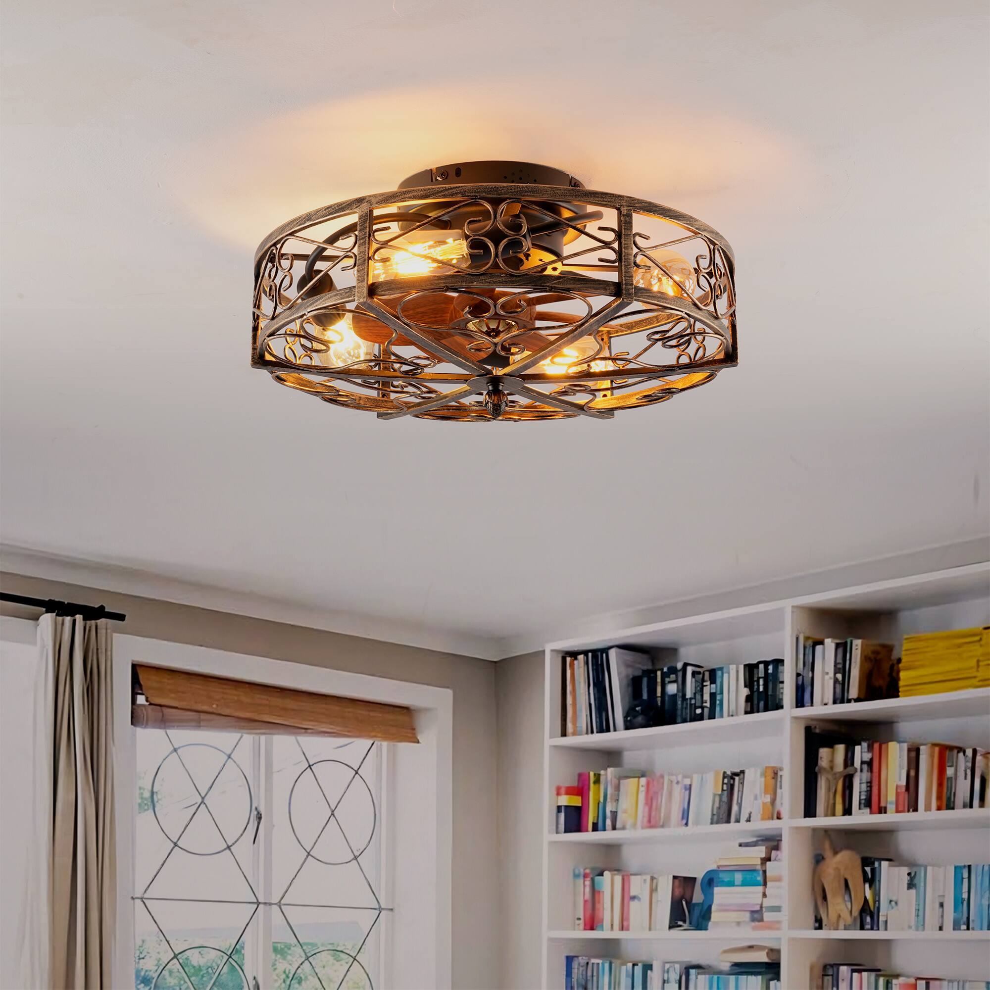 Alt View 2. Sofucor - 20'' Rustic Caged Flush Mount Ceiling Fan w/Lights & Remote Vintage Bladeless Ceiling Fan Reversible Farmhouse Bedroom - Antique Bronze.