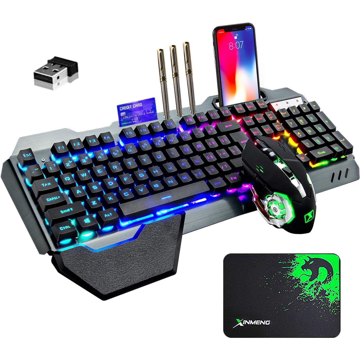 Earthley Blooms - Wireless Gaming And Mouse With Rainbow Led 16rgb Backlit Rechargeable Metal Panel Mechanical Feel - Wireless - Black RGB