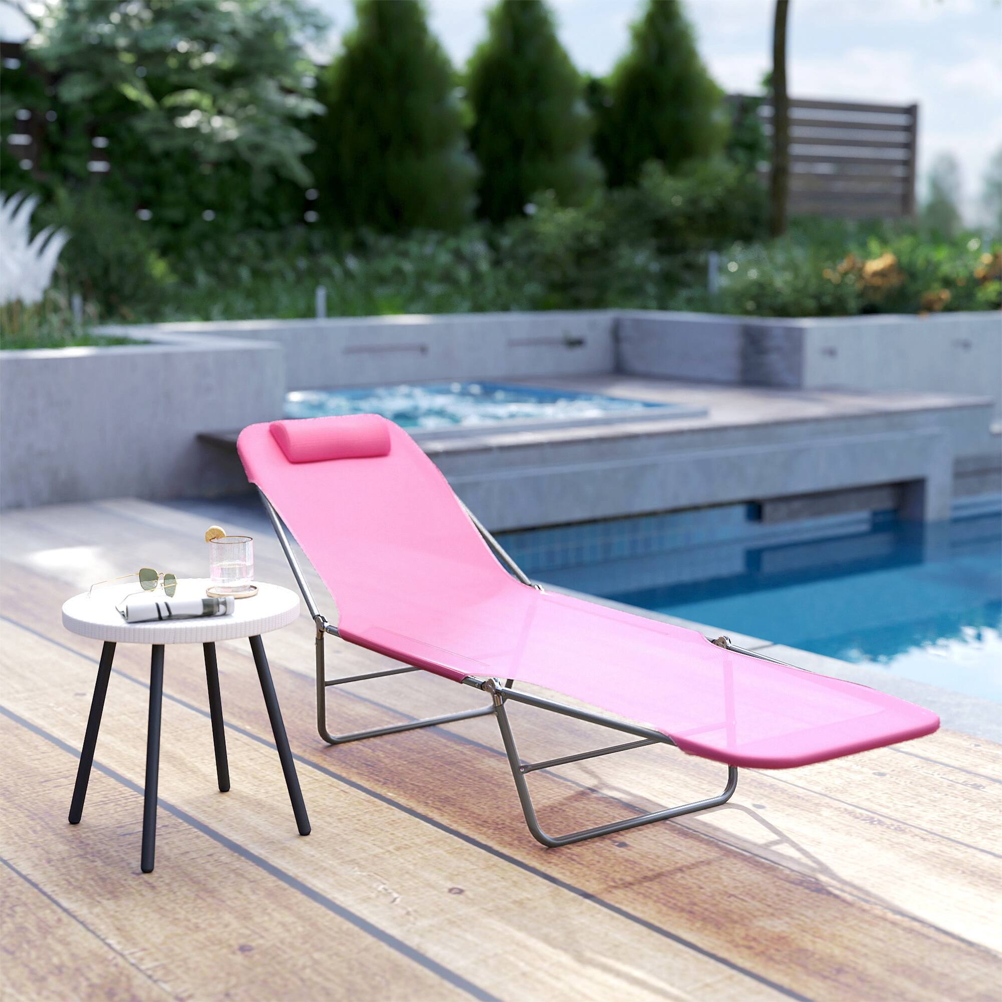 Alt View 8. Outsunny - Folding Chaise Lounge Chair, Pool Sun Tanning Chair, Outdoor Lounge Chair with Reclining Back, Breathable Mesh Seat - Pink.