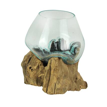 Front. Zeckos - Melted Glass On Teak Driftwood Decorative Bowl/Vase/Terrarium Planter 6 Inch - Brown.