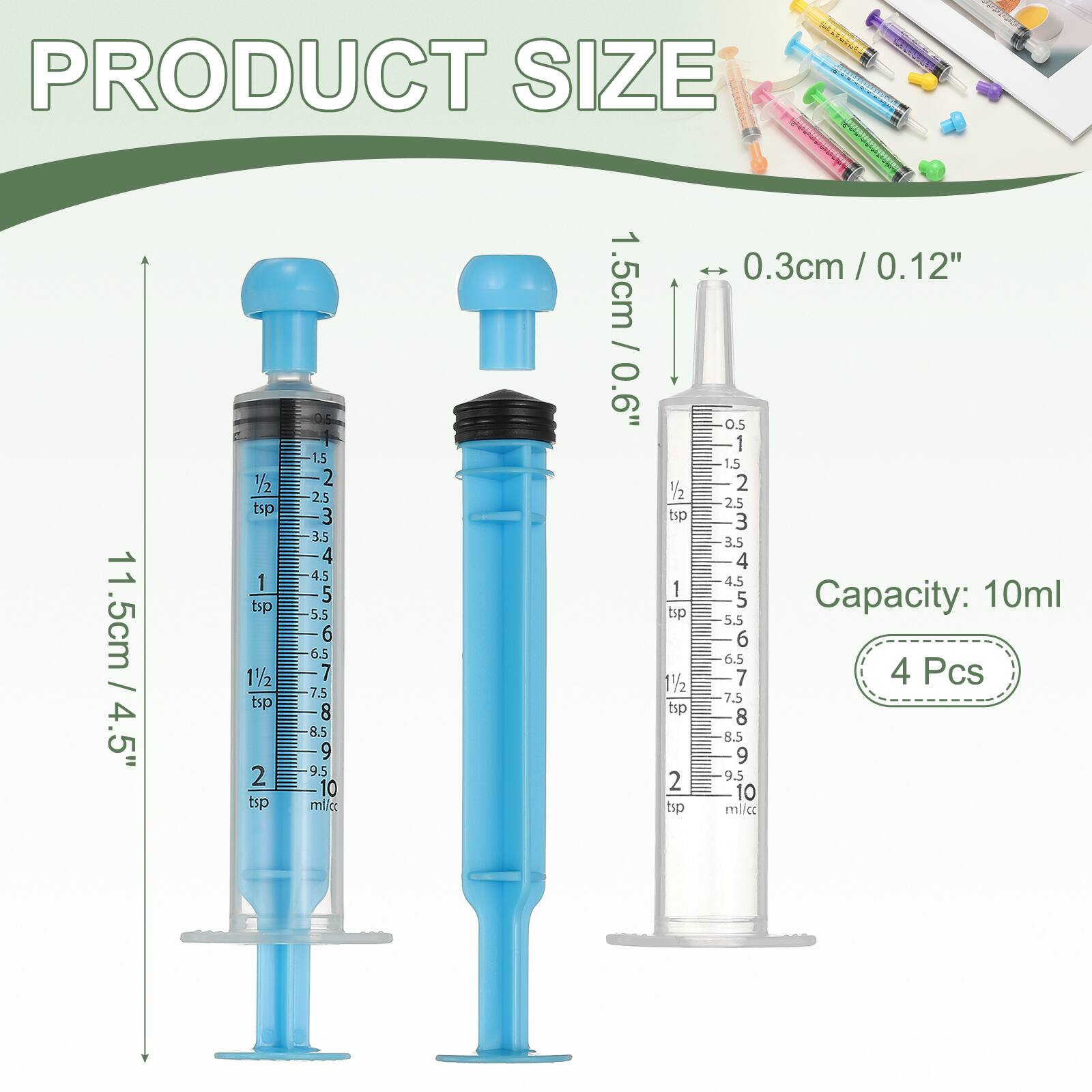 PRODUCT SIZE

11.5cm / 4.5"  
1.5cm / 0.6"  
0.3cm / 0.12"  

Capacity: 10ml  

4 Pcs