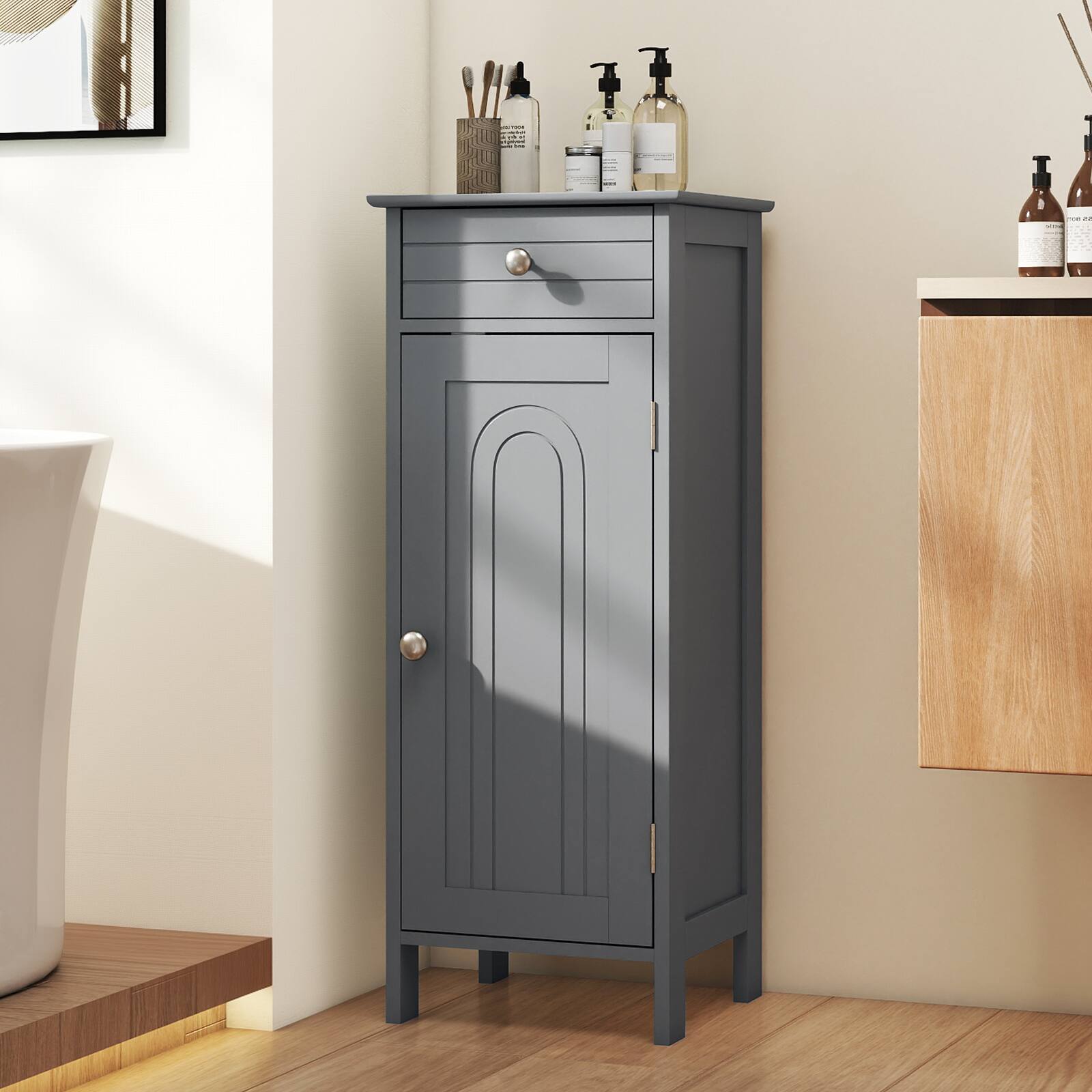 Alt View 1. Costway - Costway Bathroom Storage Floor Cabinet Organizer Free-Standing w/ Drawer - Gray.