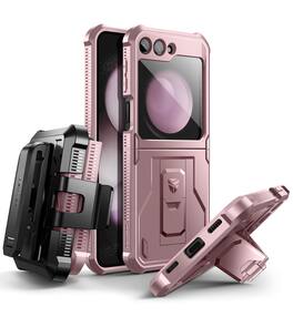 Dexnor - Bumper Case with Holster for Samsung Galaxy Z Flip 5 5G Shockproof Rugged Full-Body Protective Case Cover - Peony Pink