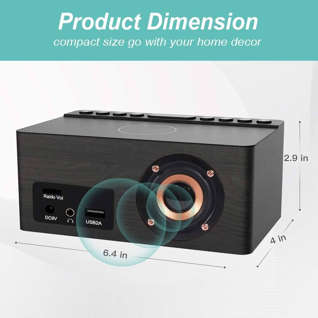 Product Dimension  
compact size go with your home decor  

2.9 in  
6.4 in  
4 in  

Raido Vol  
DC9V  
USB2A