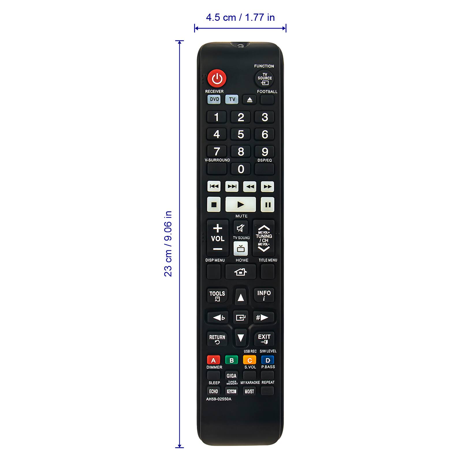 4.5 cm / 1.77 in

FUNCTION
SOURCE
DVD TV FOOTBALL

1 2 3 4 5 6 7 8 9 0

V-SURROUND

MUTE

VOL

DISP MENU

TOOLS

RETURN

EXIT

USB REC S.VOLUME

A DIMMER

SLEEP ECHO

C D S.VOL P.BASS

MY KARAOKE REPEAT

GIGA

ECHO

AHSO-02S5GA