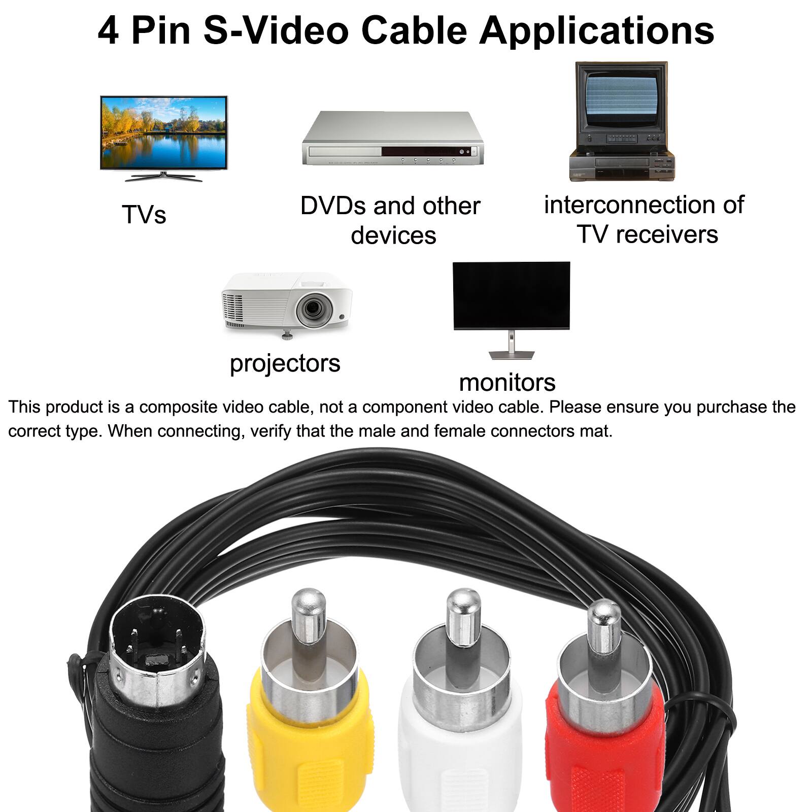 4 Pin S-Video Cable Applications

- TVs
- DVDs and other devices
- interconnection of TV receivers
- projectors
- monitors

This product is a composite video cable, not a component video cable. Please ensure you purchase the correct type. When connecting, verify that the male and female connectors match.