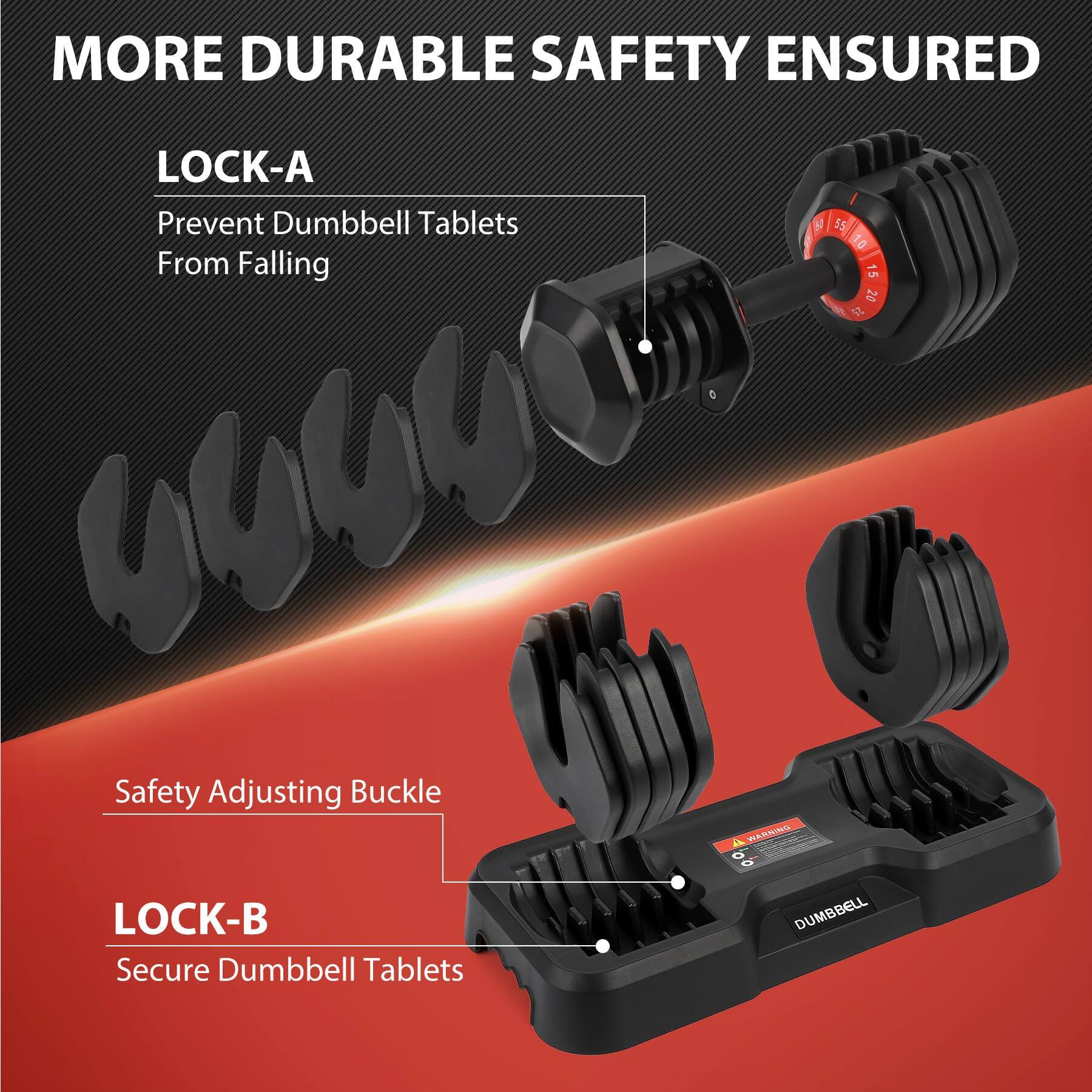 MORE DURABLE SAFETY ENSURED

LOCK-A  
Prevent Dumbbell Tablets From Falling

Safety Adjusting Buckle

LOCK-B  
Secure Dumbbell Tablets