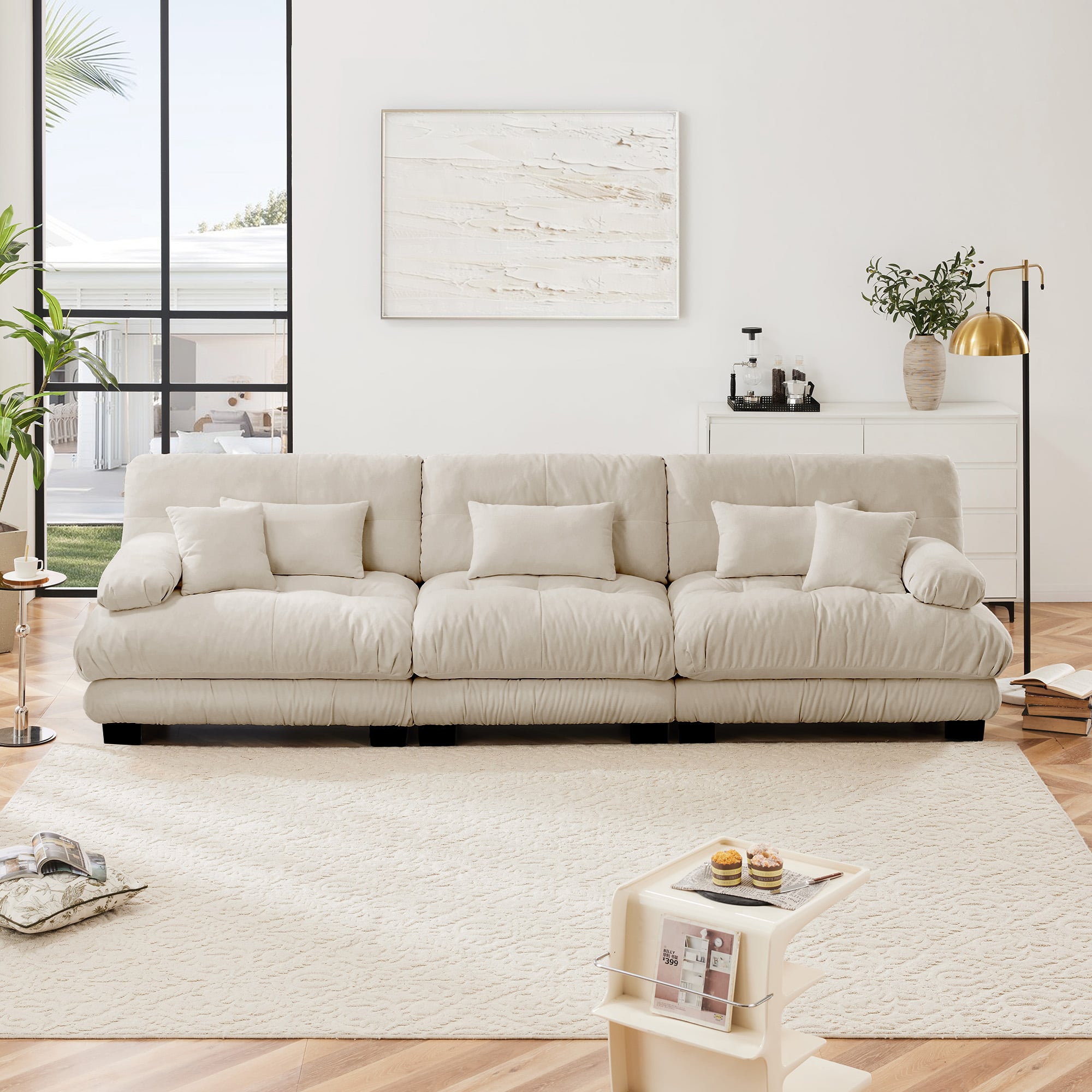 Aukfa - Extra Large 3-Seat Modern Velvet Sofa - Cloud Like Comfort, Waist Pillows and Throw Pillows Included - Camel
