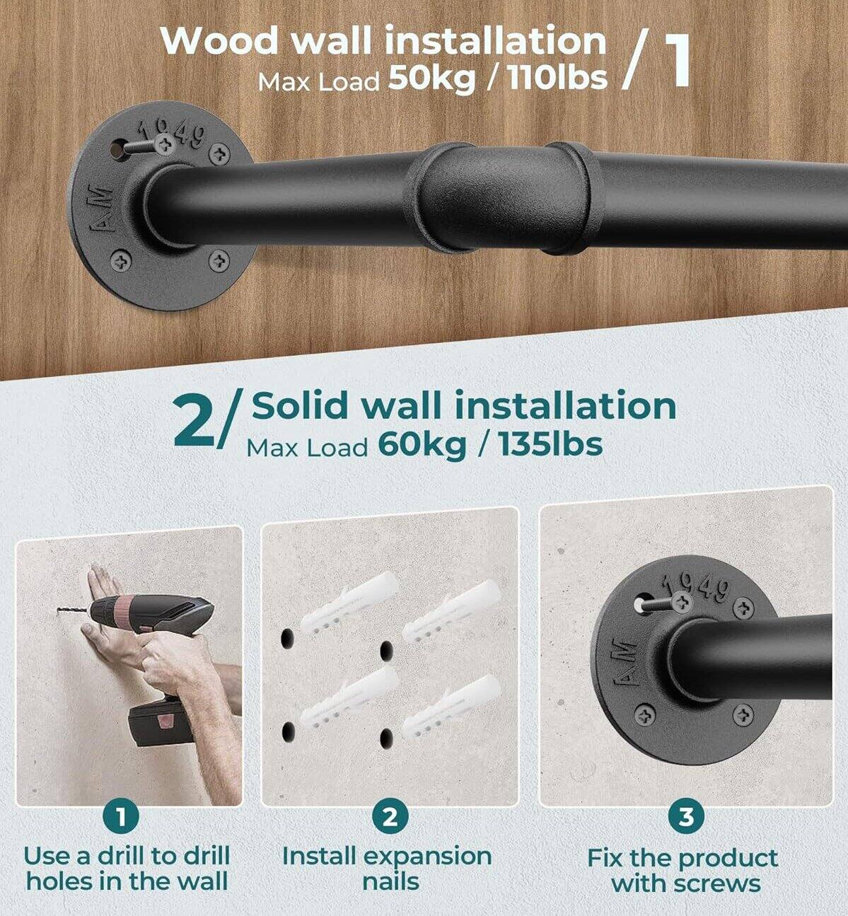 Wood wall installation / 1  
Max Load 50kg / 110lbs  

Solid wall installation / 2  
Max Load 60kg / 135lbs  

1. Use a drill to drill holes in the wall  
2. Install expansion nails  
3. Fix the product with screws