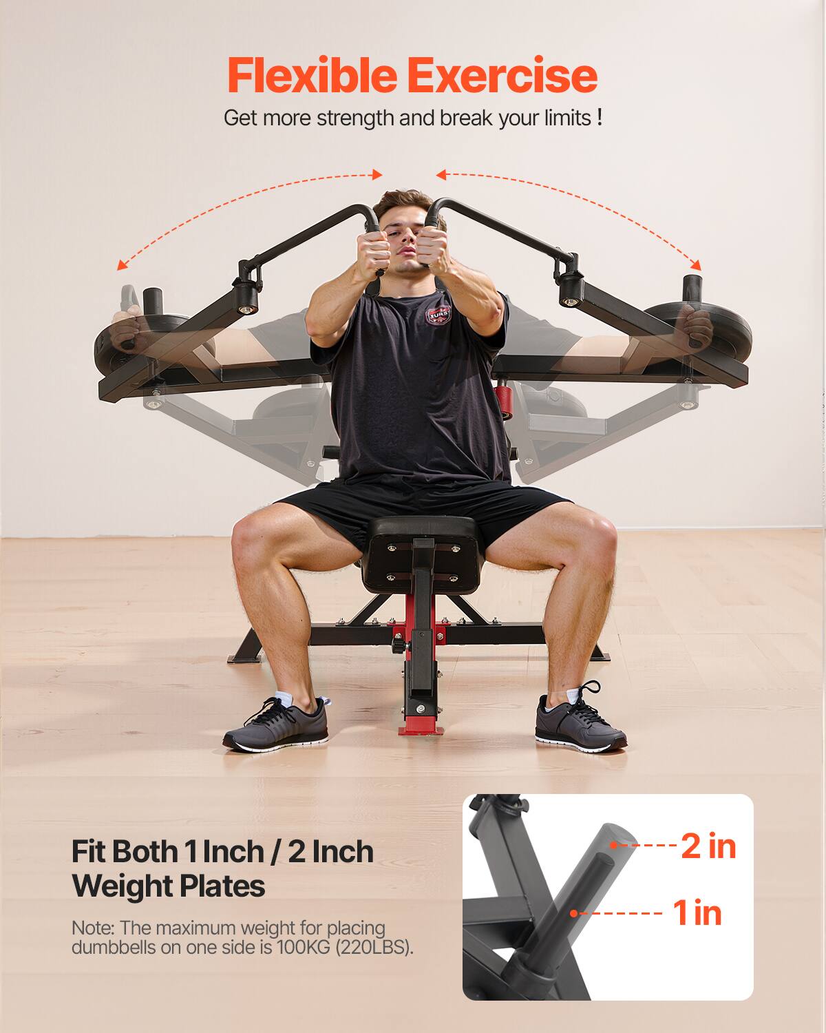 Flexible Exercise  
Get more strength and break your limits!

Fit Both 1 Inch / 2 Inch Weight Plates

Note: The maximum weight for placing dumbbells on one side is 100KG (220LBS).

2 in  
1 in