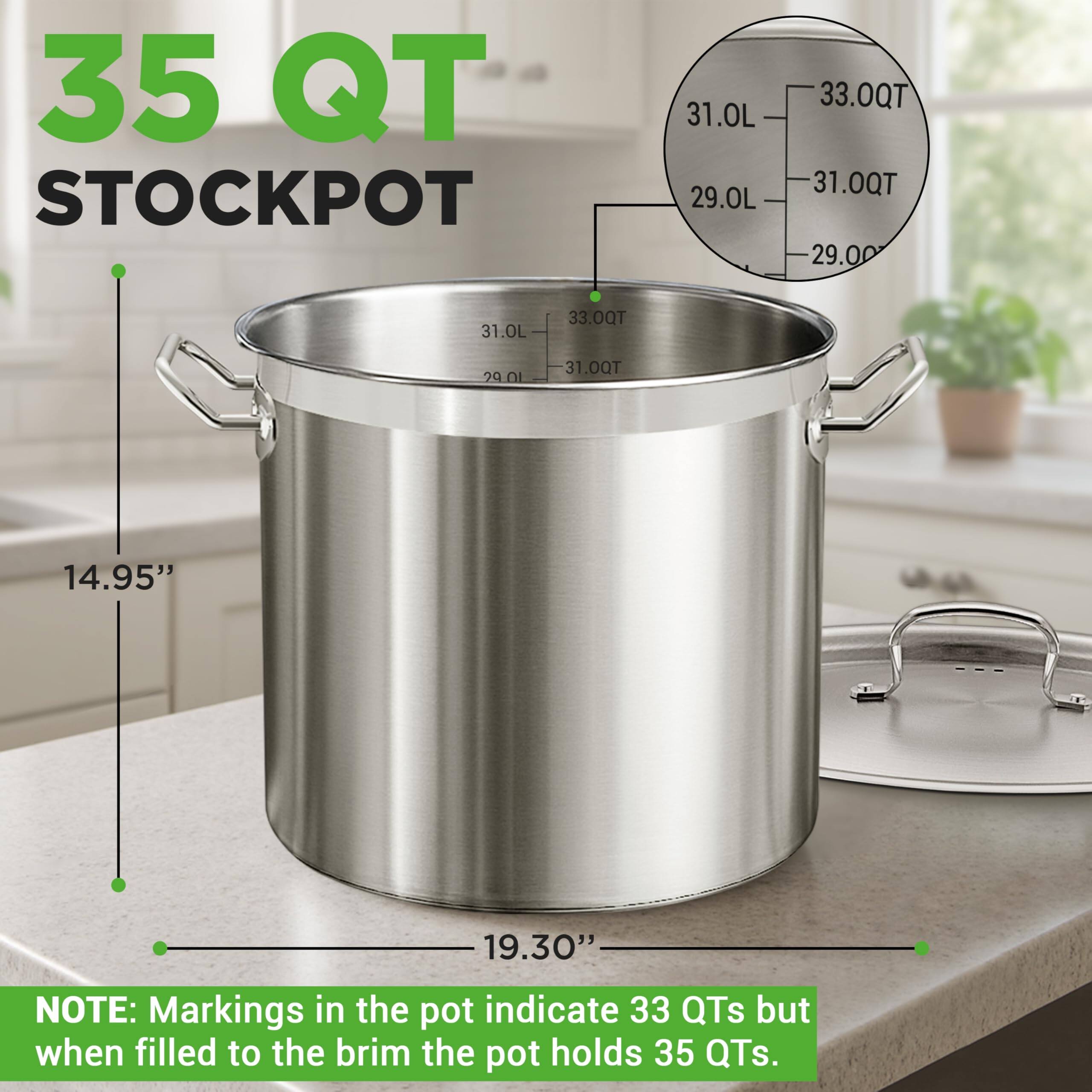 35 QT STOCKPOT

31.0L  
29.0L  
33.0QT  
31.0QT  
29.00  
31.0L  
33.0QT  
29.00  
31.0QT  
14.95"  
19.30"  

NOTE: Markings in the pot indicate 33 QTs but when filled to the brim the pot holds 35 QTs.