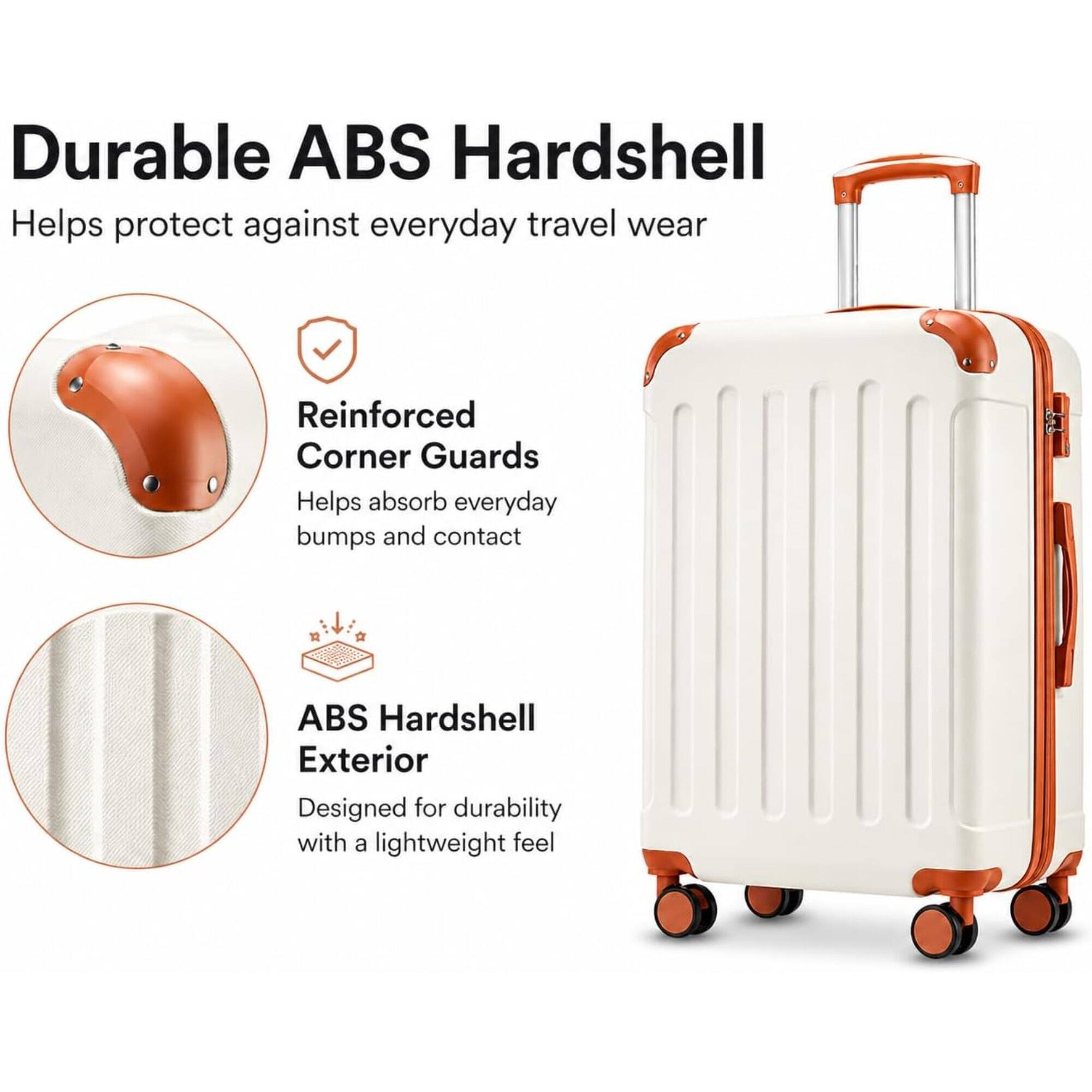 Durable ABS Hardshell Helps protect against everyday travel wear Reinforced Corner Guards Helps absorb everyday bumps and contact ABS Hardshell Exterior Designed for durability with a lightweight feel