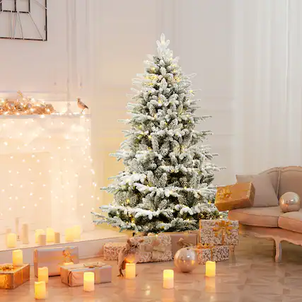 Front. Gymax - Gymax 6ft Snow Flocked Decoration Christmas Tree w/LED Lights & PE & PVC Tips - Green.