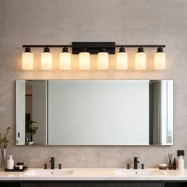 LUCKY ONE - 8-Light Matte Black Wood Wall Lamp, Glass Shade Sconce for Bathroom or Bedroom Wall Mount - Matte Black,Wood