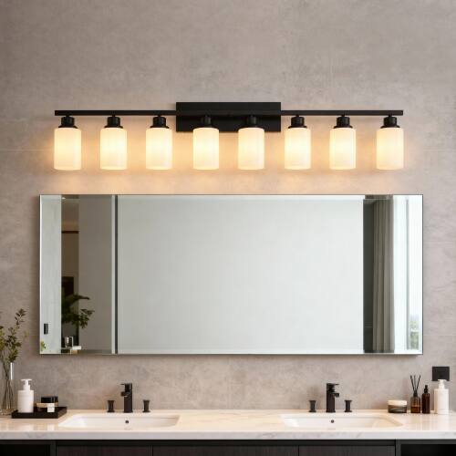 Front. LUCKY ONE - 8-Light Matte Black Wood Wall Lamp, Glass Shade Sconce for Bathroom or Bedroom Wall Mount - Matte Black,Wood.