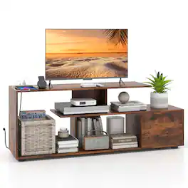 Costway - 60" TV Stand with Charging Station Storage Shelves Industrial Entertainment Center - Brown