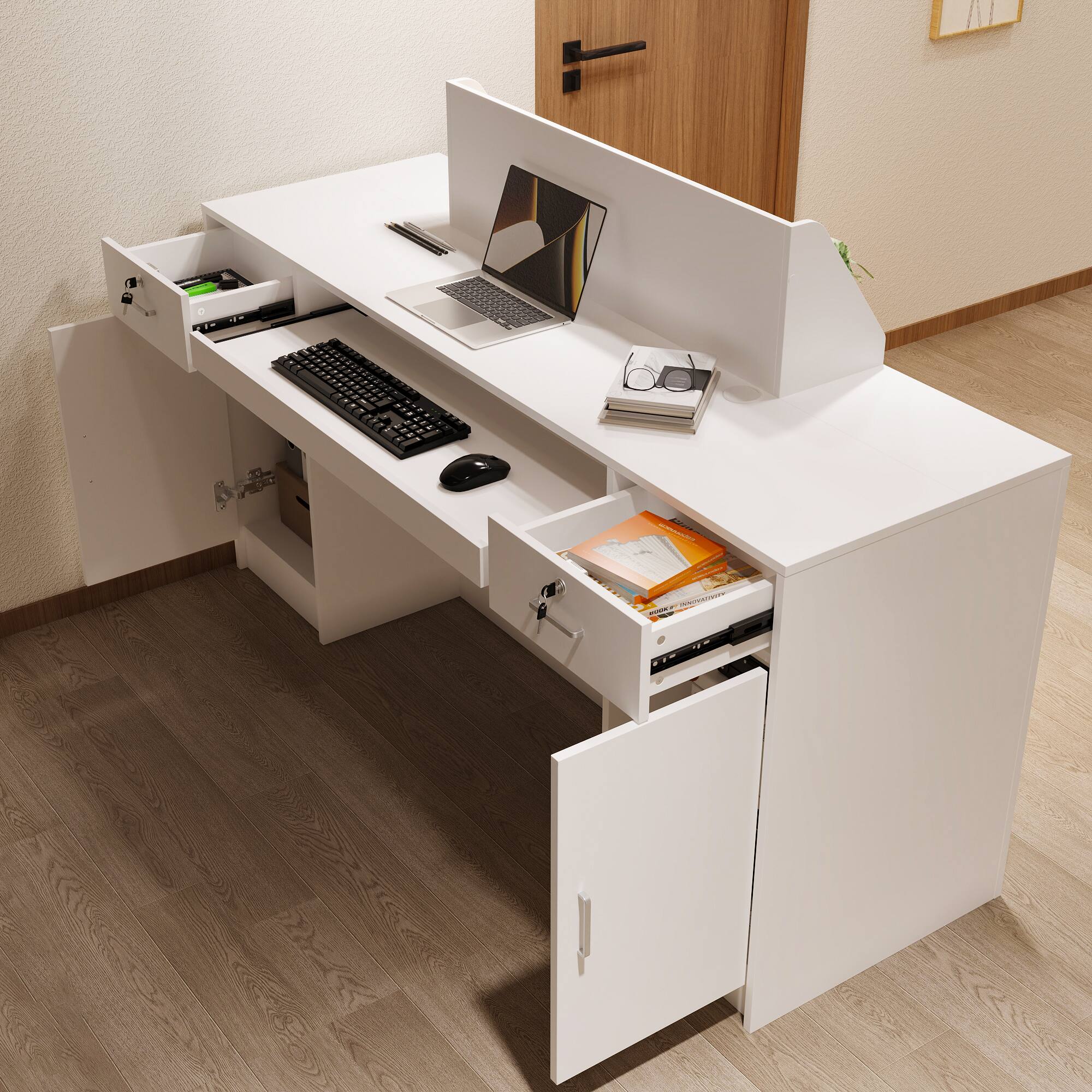 Alt View 1. Famapy - 61" White Reception Desk with LED Light, Locking Drawers, Keyboard Tray, Salon Office Counter - White.
