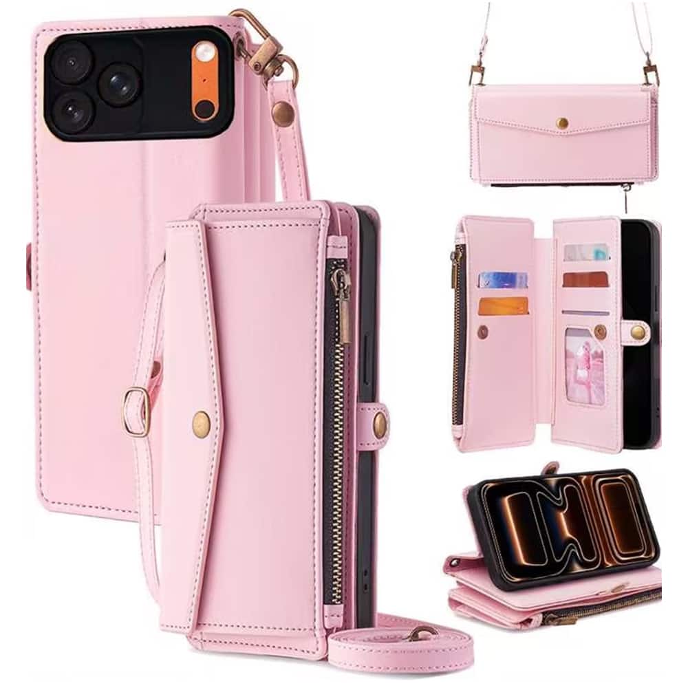 Topteng - 6-in-1 Wallet Case for iPhone 17/17 Air/17 Pro/17 Pro Max with Wrist & Crossbody Straps, Zipper Pocket, Card Holders - iPhone 17 Pro Max Pink