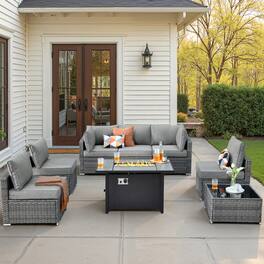 Ovios - 8 PCS Patio Furniture Set with 42" Fire Pit Table, Sectional Wicker Sofa with Coffee Table - Dark Gray