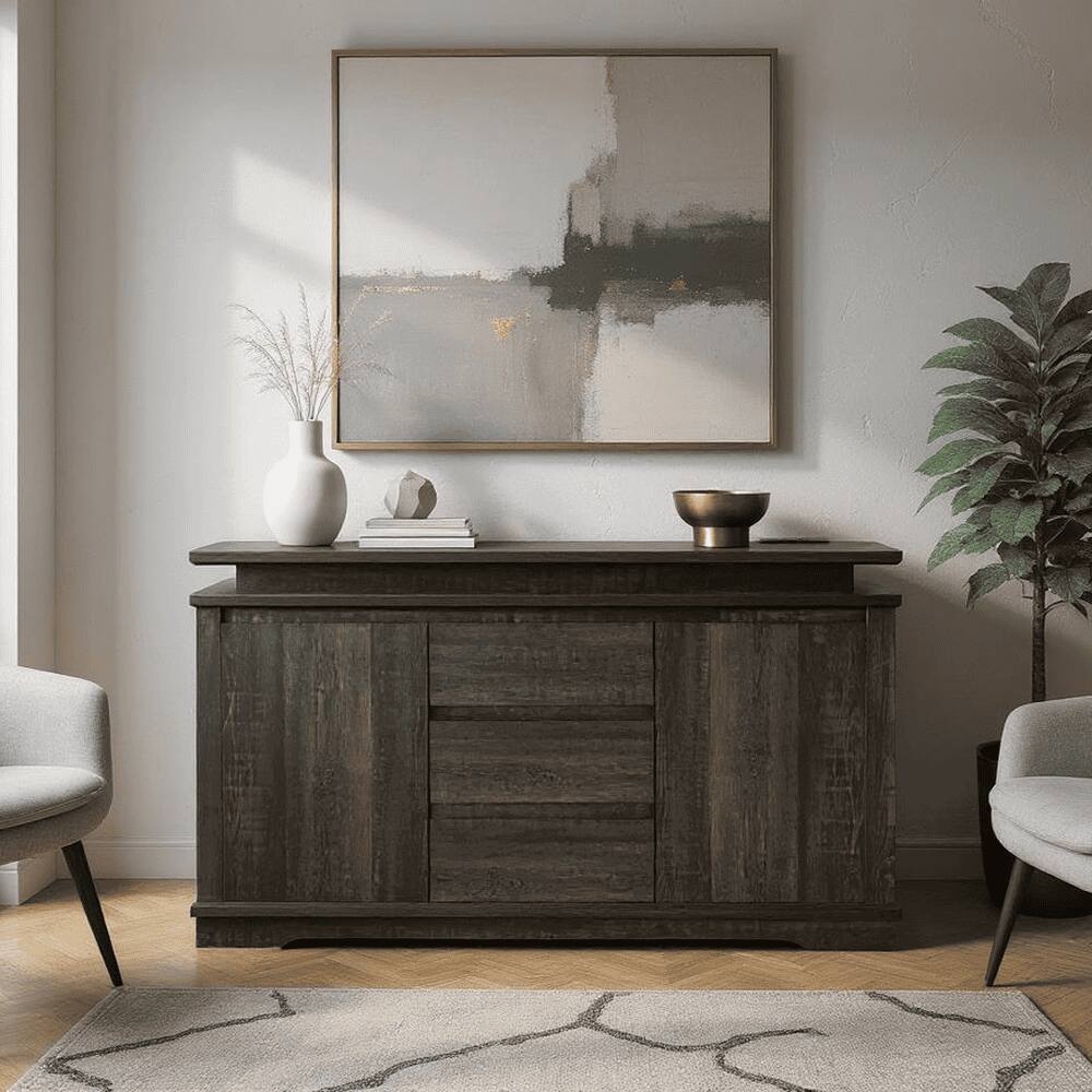 Alt View 1. Kadyn - Kadyn Console Table with LED Light, Wooden Storage Cabinet with Drawers and Doors for Entryway, Dark Wood Grain - Gray.
