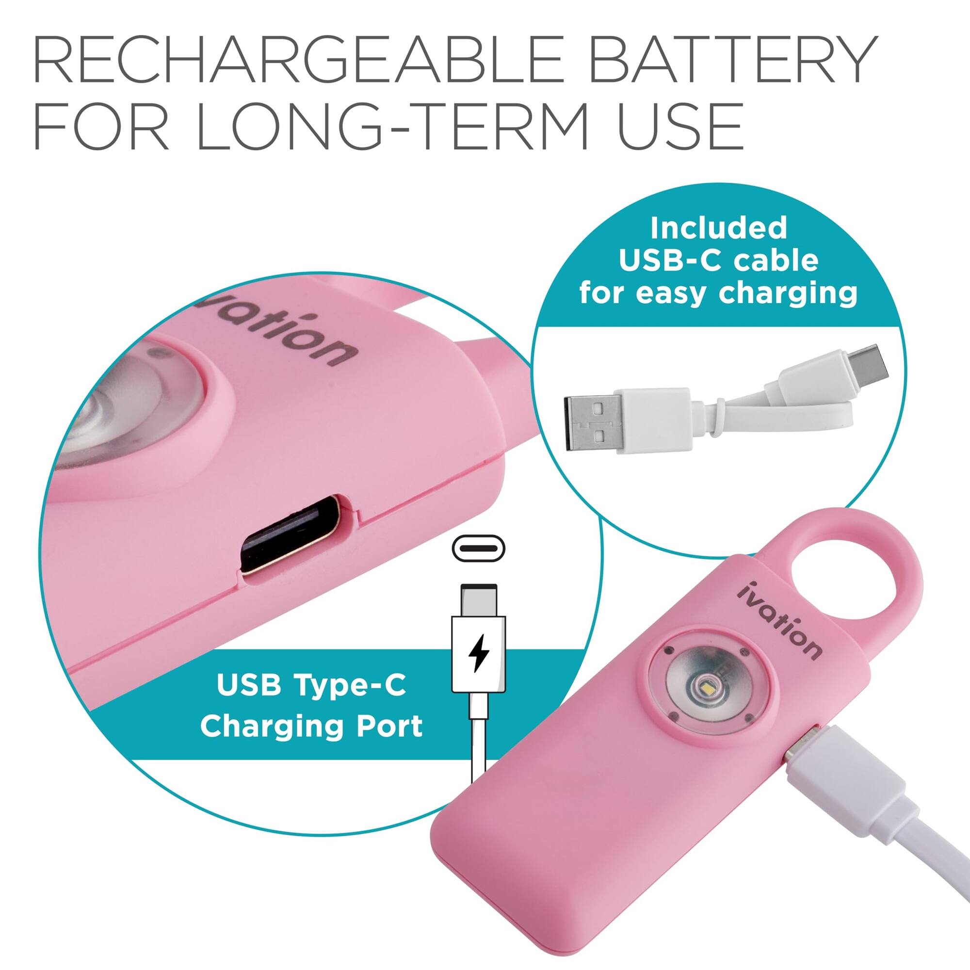 RECHARGEABLE BATTERY FOR LONG-TERM USE, Included USB-C cable for easy charging, USB Type-C Charging Port, ivation
