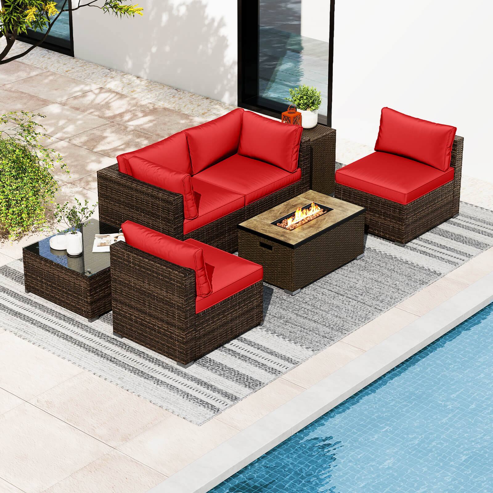Alt View 3. Costway - Costway 7 Pieces Outdoor Furniture Set with 32" Fire Pit Table and Propane Tank Cover - Red.