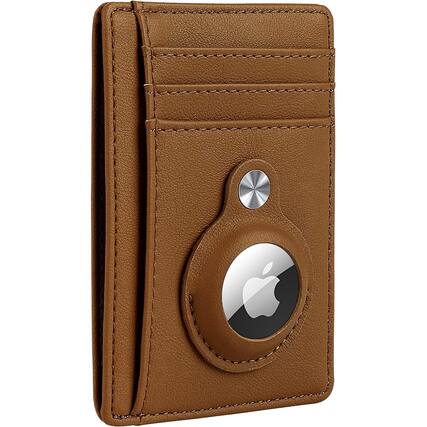 Angle. SaharaCase - Slim Genuine Leather Wallet Case for Apple AirTag - Brown.
